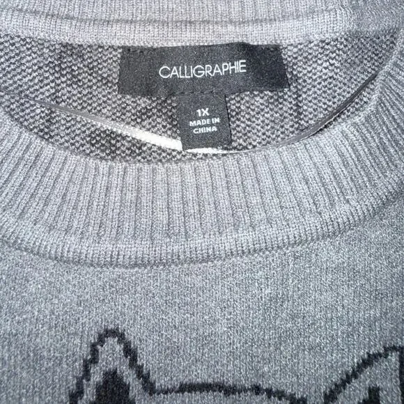 NEW ANTHROPOLOGIE CALLIGRAPHIE GREY SWEATER BLACK CAT FACE PRINT ALL OVER SZ 1X - Picture 5 of 9